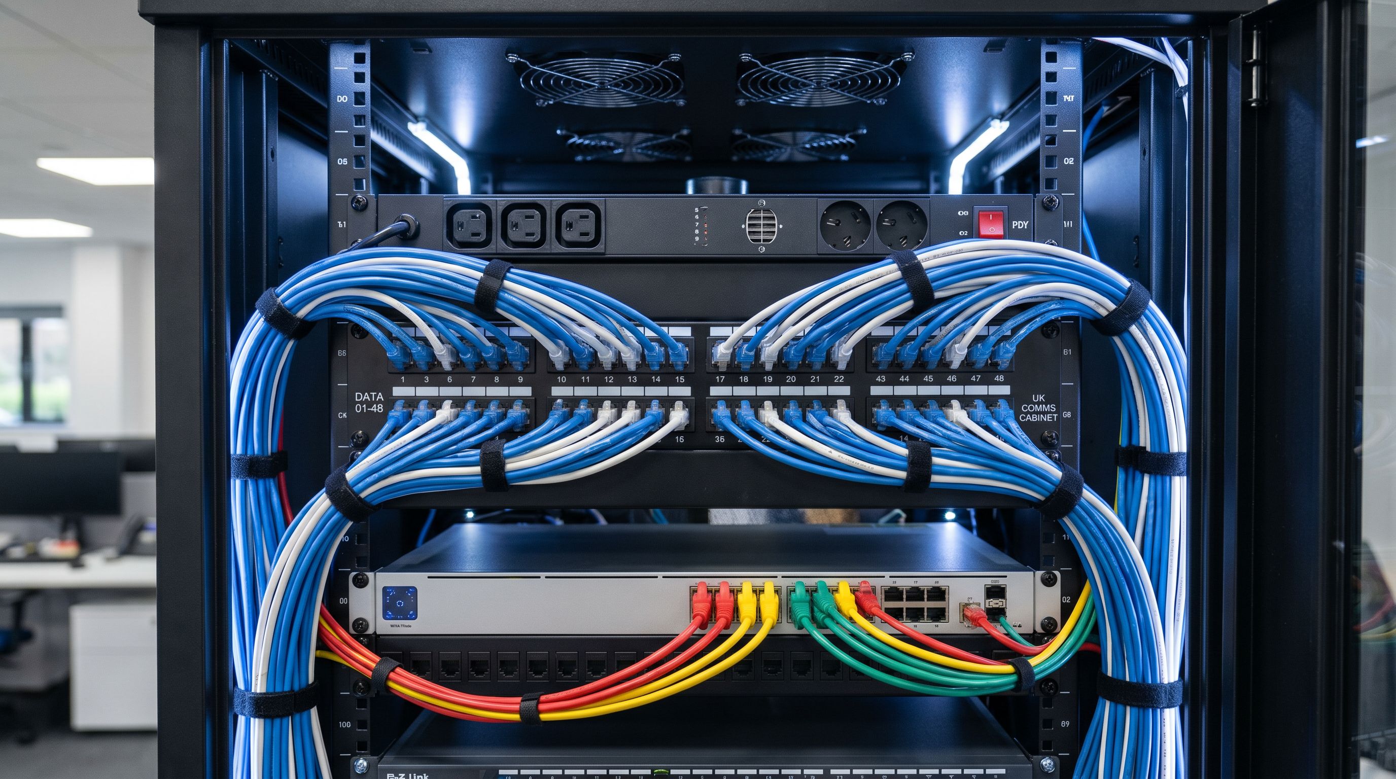 Cat6 patch panel install in a UK office comms cabinet