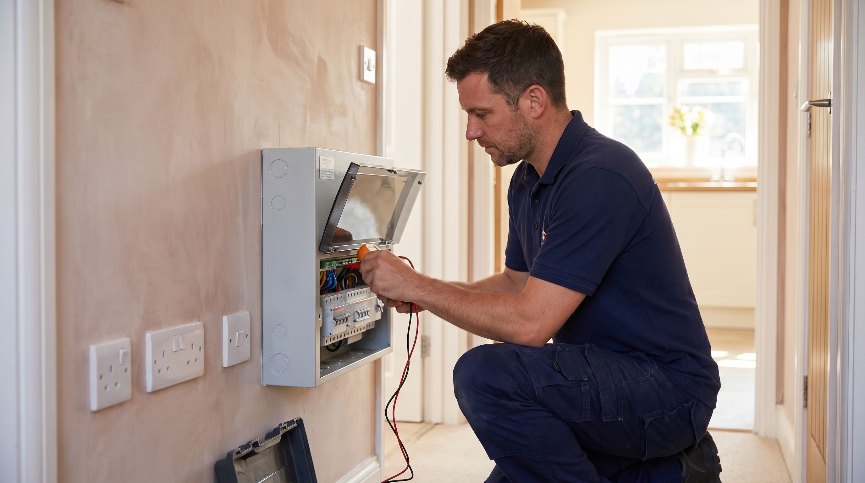 Electrician carrying out EICR testing on a UK consumer unit
