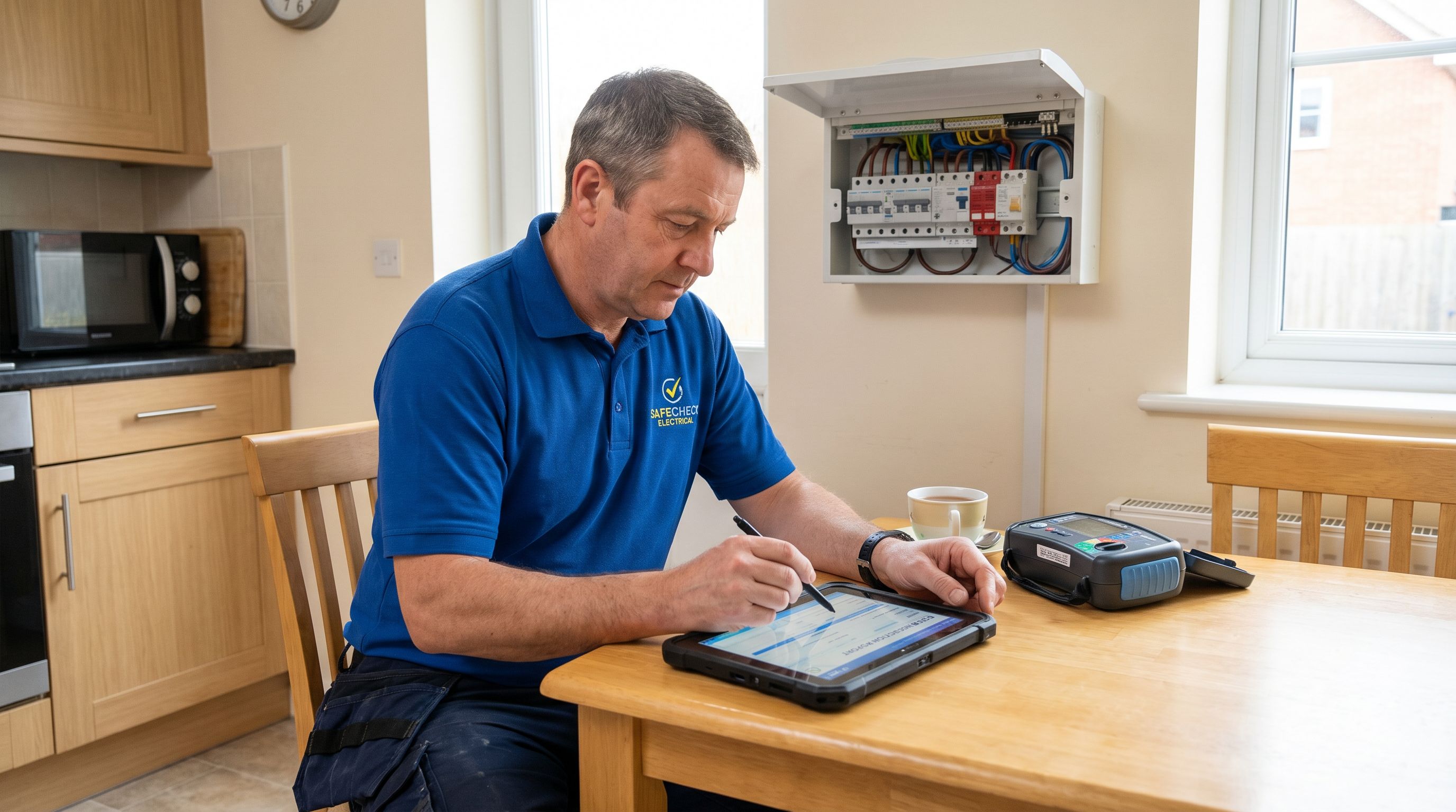 Landlord electrical inspection report being completed on a tablet