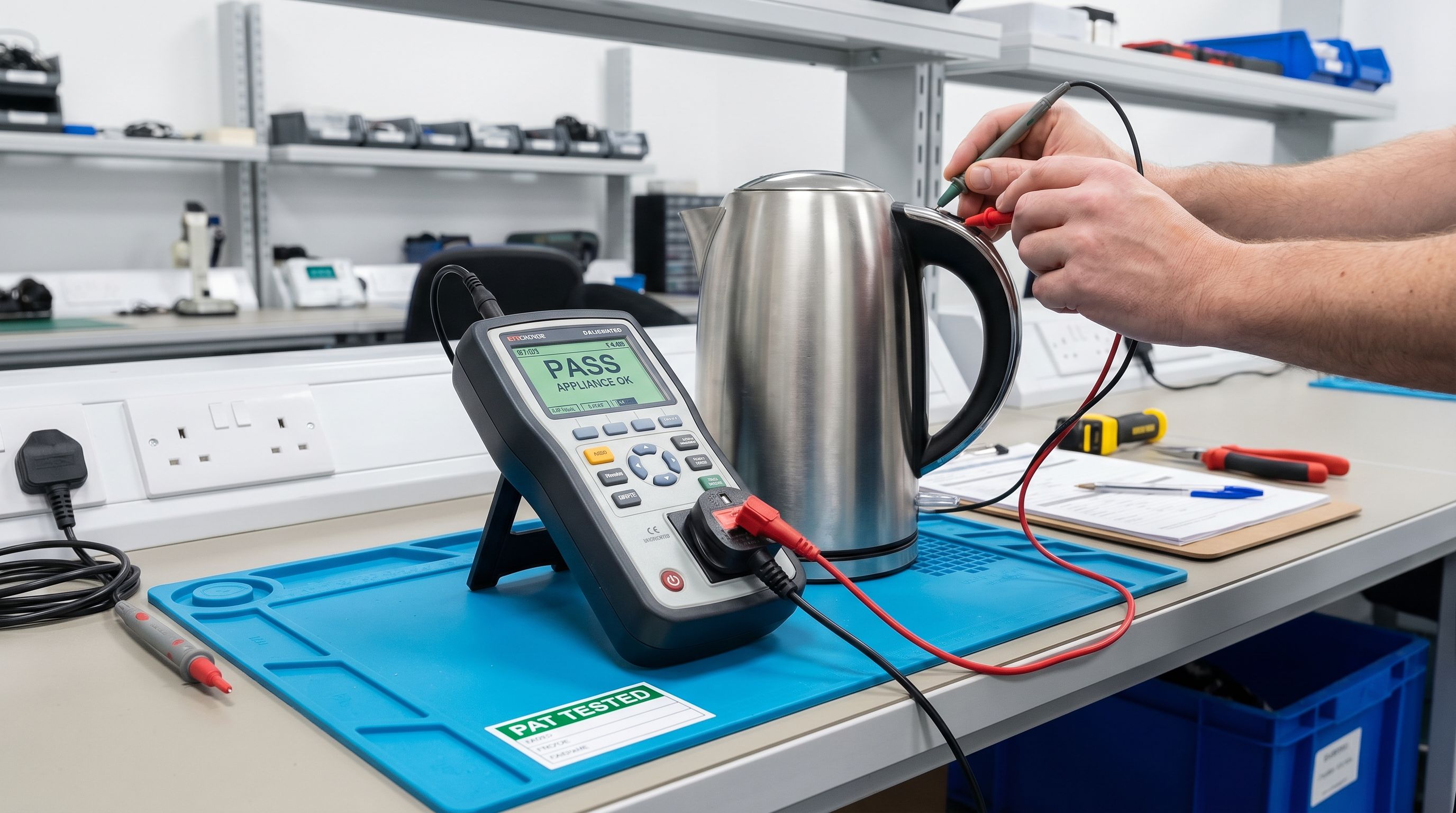 PAT testing equipment being used on UK office equipment