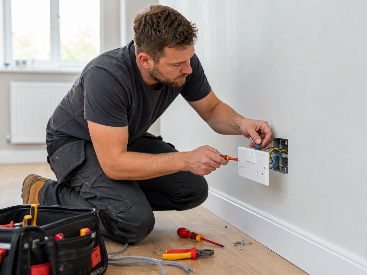 Electrician installing UK twin-and-earth cable during a property rewire