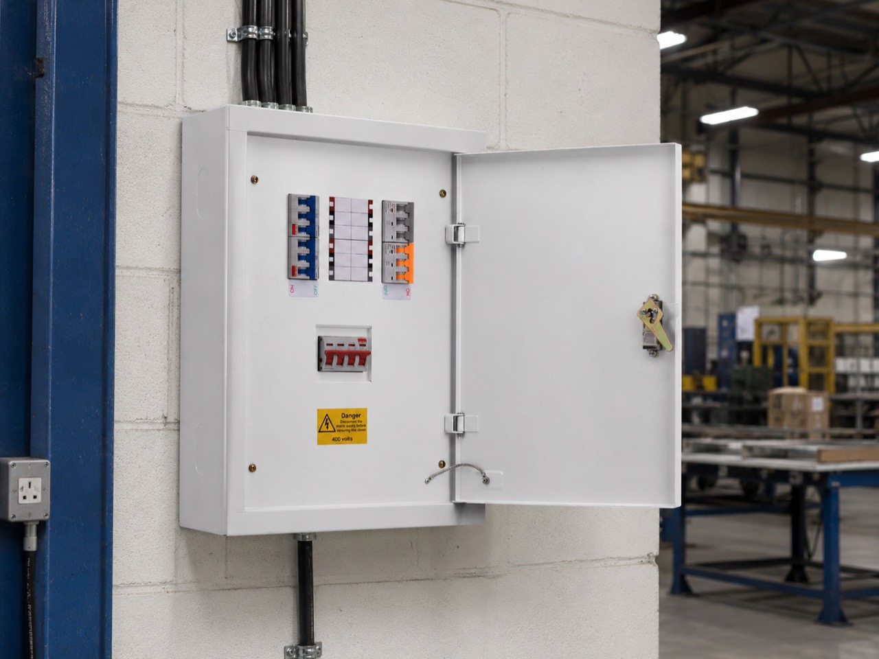 Three-phase distribution board in a UK industrial unit